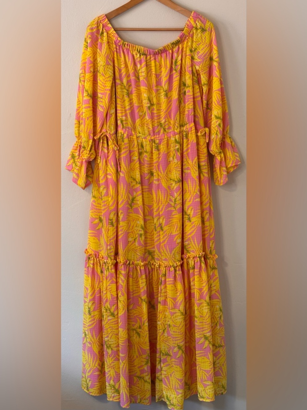 🌸 Scoop Dress Women Size Large Pink Yellow Leaf Off Shoulder Maxi - Picture 2 of 11